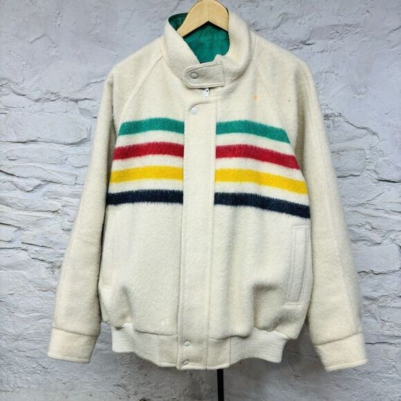 Vintage Hudson Bay 1980's 4 Point WOOL Bomber Zip Up Jacket Womens Size L Canada - Picture 1 of 13